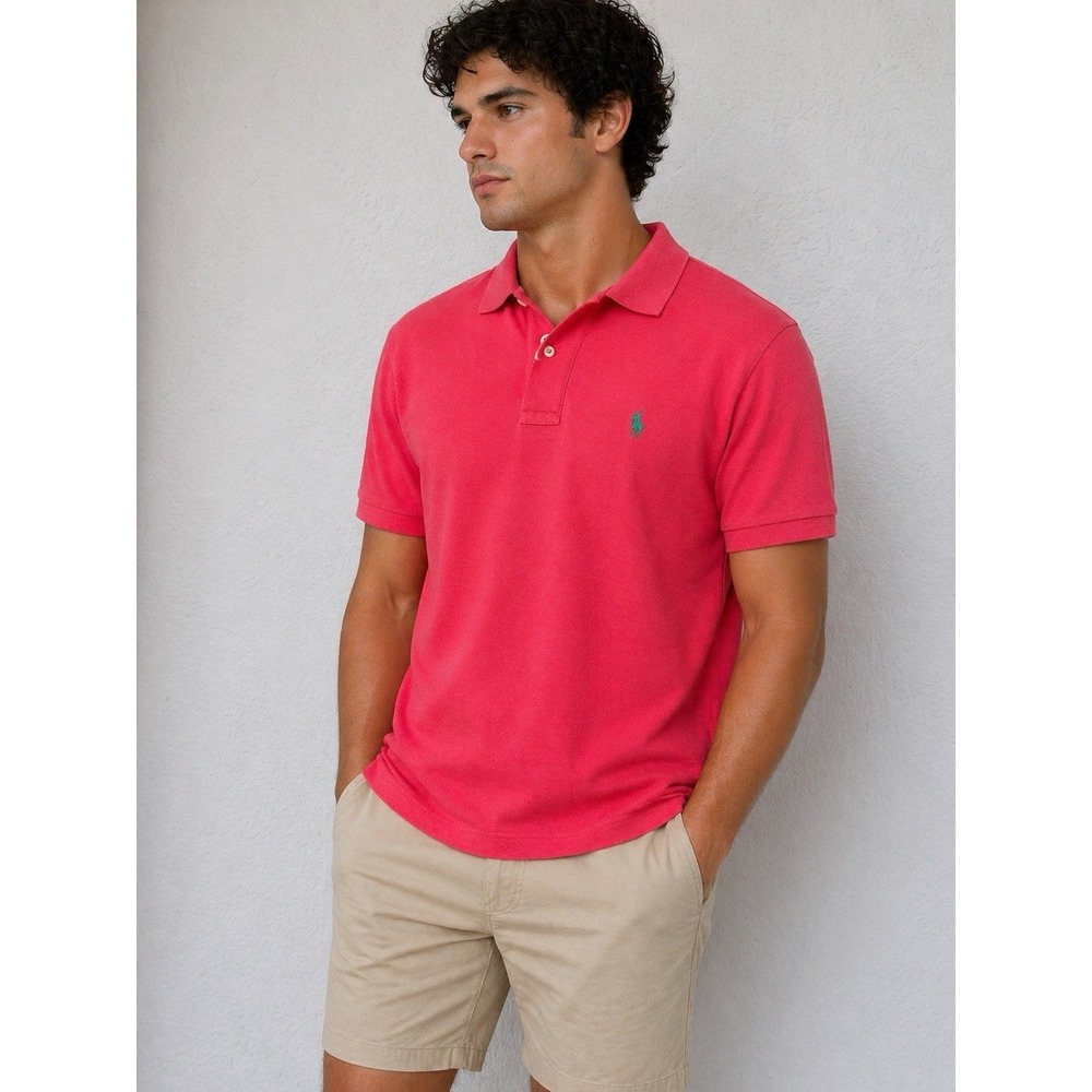 Polo by Ralph Lauren Men's M Coral Pink Short Sleeve Polo Shirt Green Pony Logo